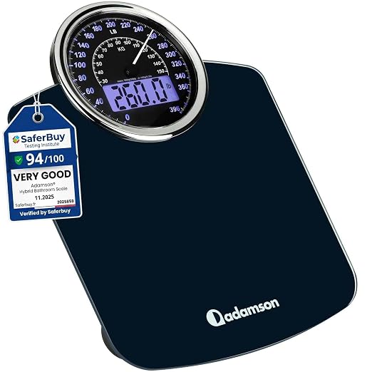 Hybrid Bathroom Scale - Analog & Digital Display, Accurate to 400 lbs | See weight on both an analog dial and digital LCD at once. Wide glass platform, accurate to 0.2 lbs, batteries included.