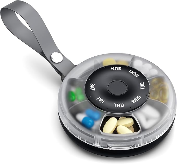 PULIV Portable Weekly Pill Organizer, Magnetic Rotary Design for Easy Use, Small Pill Case with Carry Handle, BPA-Free Travel Pill Box 7 Day for Medications, Vitamins & Supplements