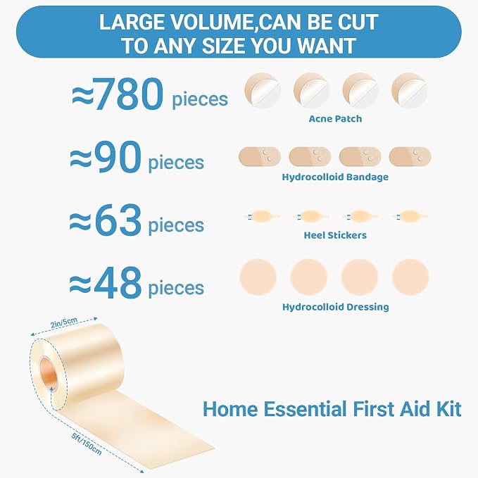 Hydrocolloid Roll Bandages - DIY Size & Shape, Extra Large Medical-Grade Hydrocolloid Bandages with Self-Adhesive, Ultra Absorbent, Flexible & Waterproof, First Aid Kit Essential(2in*5ft)