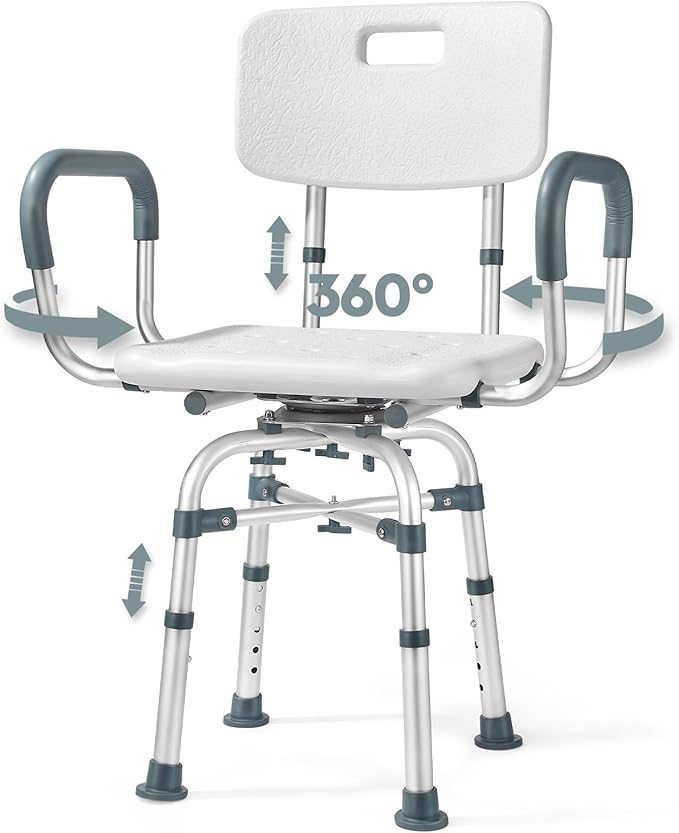 Swivel Shower Chair for Inside Shower with Arms and Back 500 lbs Heavy Duty Rotating Shower Seat for Bathtub Fully Adjustable Safety Bath Chair for Elderly Adults Disabled and Bariatric