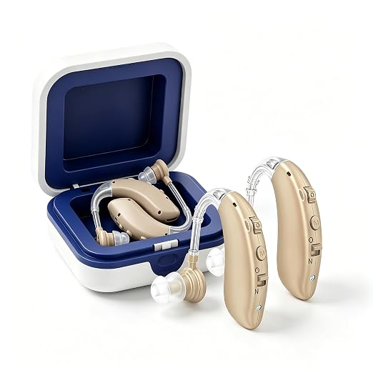 OTC Hearing Aids for Senior, Rechargeable Hearing Aids with Noise Cancelling, Behind-The-Ear Hearing Amplifier for Adults Hearing Loss with Volume Control (Brown)