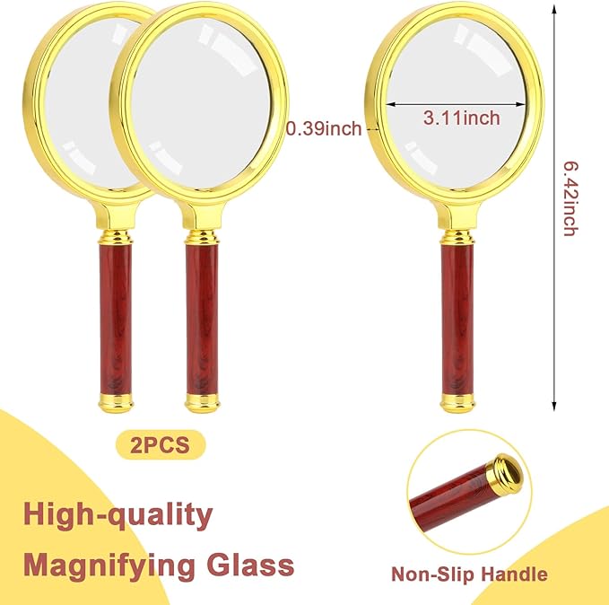 Rongon Handheld Magnifying Glass-2Pack, 7X Reading Magnifier with Cleaning Cloth, 80MM Lens Antique Magnifying Loupe for Seniors Hand Lens for ‌Book Reading‌ ‌Insect and Hobby Observation