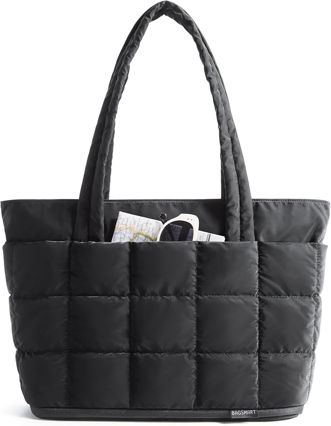 BAGSMART Expandable Tote Bag for Women, Puffer Work Tote Handbag, Quilted Carry On Bag for Travel Gym