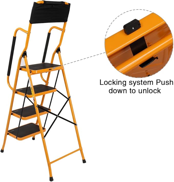 Winado 4 Step Ladder with Handrails & ToolBag, 330lbs Folding Step Stool, w/Non-Slip Side Armrests Large Pedal Area, Suitable for Home Office