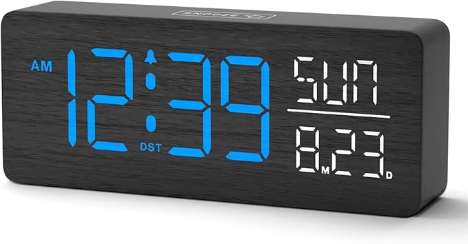 Peakeep Wooden Digital Alarm Clock Large Display, Textured Decoration for Bedroom, Living Room, Plug in Clock with Time Date Day, 5 Brightness, Auto DST