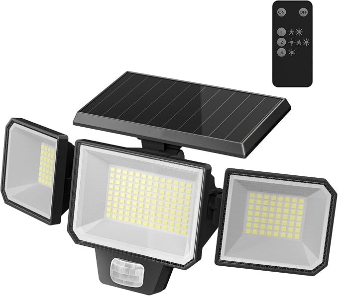 Solar Motion Sensor Outdoor Lights, 3 Modes LED Security Flood Light with Remote Control, IP65 Waterproof Solar Powered Outside Wall Light for Garden Patio Garage Yard (1, LED Matrix-Black)
