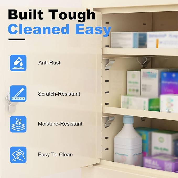 Yeeoy Locking Medicine Cabinet with Double Doors, Wall Mount Narcotics Cabinet, Steel Drug Cabinet with Adjustable Shelves, Secure Storage Box for Medications, First Aid & Home Safety, Beige