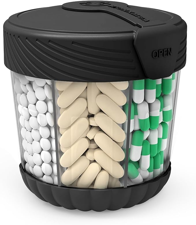 Large Pill Dispenser, Portable Pill Bottle Organizer for 7 Vitamins, Anti-Mix Supplement Organizer with Easy Twist Wide Opening, BPA-Free Pill Container, 20 Pcs Labels Included, Black