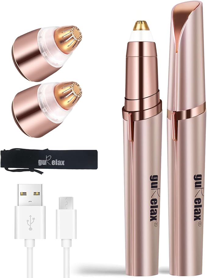 gurelax Eyebrow Trimmer for Women, Rechargeable Eyebrow Hair Remover, Painless Electric Razor with 2 x Replacement Heads,Face & Eye Brow Nose Ear Shaver Hair Removal (Rose Gold)