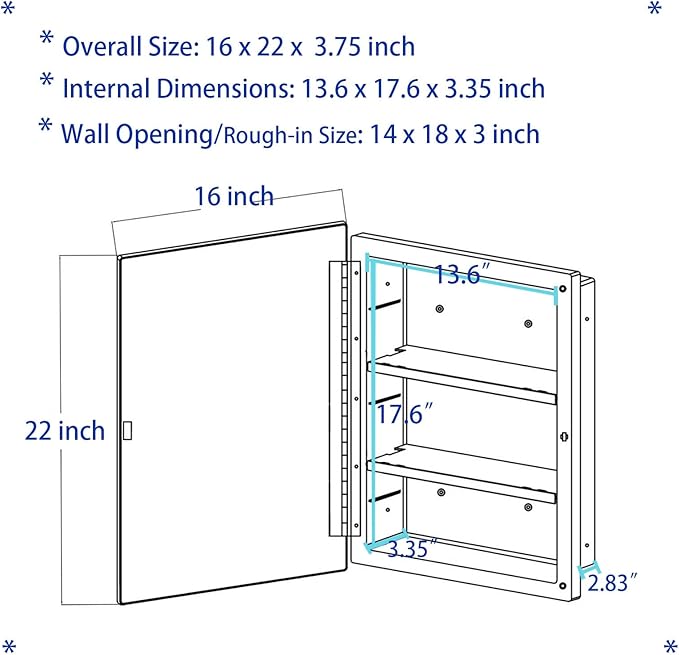 Black Plastic Bathroom Medicine Mirror Cabinet 16 x 22 inch, Surface and Recessed Mount, Beveled Edge Mirror