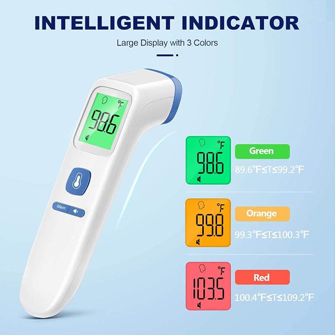 No-Touch Thermometer for Adults, Kids, Babies, 1-Sec Fast Accurate (Blue) | Fever Alarm, Large LCD with 3-Color Backlight, Silent Mode, 35-Reading Memory, Forehead & Object Mode, for Home & Clinic