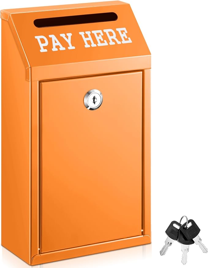 Yaocom Safe Metal Cash Box for Farm Stand – Money Drop and Secure Donation Collection, Wall Mount Lockable Unit with Pre Drilled Holes for Outdoor Self Serve(Orange,10.2 x 5.7 x 2.8 Inch)
