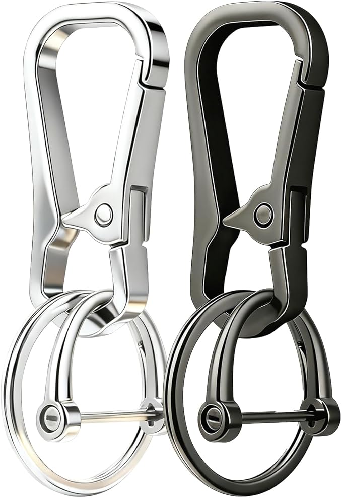 Metal Key Chain Carabiner Clip with Key Ring and D Ring | Heavy duty build, full accessory packs, quick release, multi purpose hook, belt loop holder, separate home and car fob sets