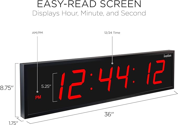 Ivation Oversized Large Digital Wall Clock - Big LED Digital Clock w/Large Display & Durable Aluminum Frame, Shelf or Wall Mount (36 Inch - Red) 6 Brightness Levels | Time Memory | Remote