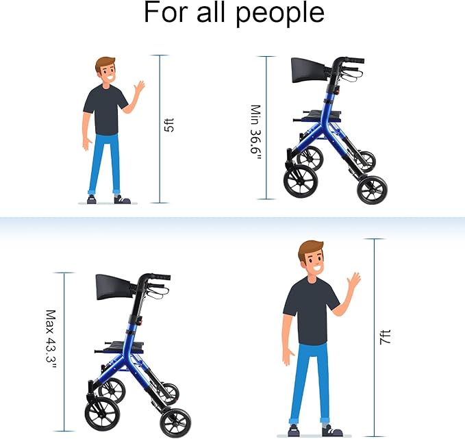 WALK MATE Rollator Walker for Seniors Taller 5.3~7ft with Height-Adjustable Seat, 10 Inch Wheels Wire-Hidden Walkers Compact Folding Design Lightweight Mobility Walking Aid Widen Backrest, Blue