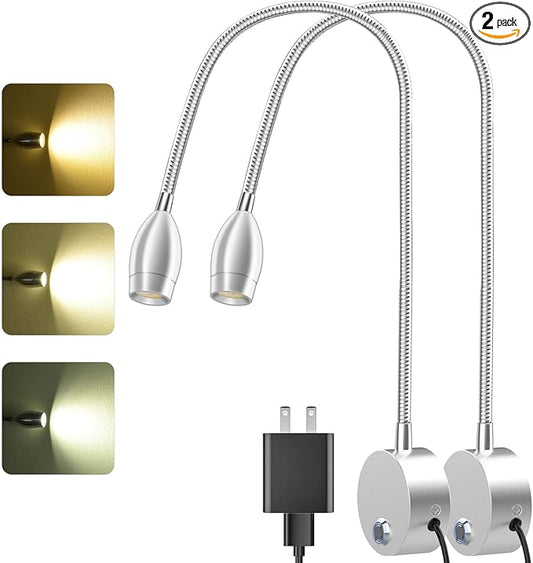 Wall Mounted LED Reading Light with 360° Flexible Gooseneck, Dimmable Bedside Reading Lights for Books In Bed, Plug In Headboard Night Lights, Eye-Caring, 3 Colors Temperature, Touch Control-2 Pack