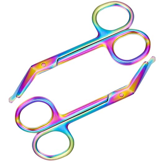 2 Pieces Ostomy Scissors Bandage Scissors Nursing Scissors Stainless Steel Scissors for Doctors, Nurses, Veterinary Home Nursing, 4.3 x 2.1 Inch, Curved (Rainbow)