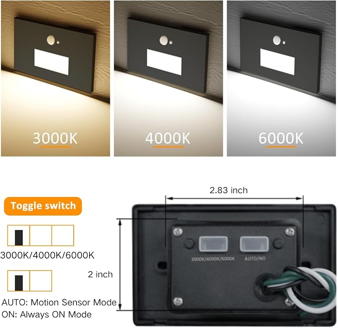 4 Pack 3CCT 120V Motion Sensor Step Lights with Dimmer Switch, Black | LED Stair Lights Indoor Outdoor, 3000K/4000K/6000K, 0%-100% Dimmable, 5W 500LM, IP65 Waterproof, Hard Wired, Aluminum, ETL