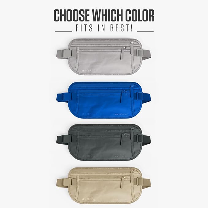 VENTURE 4TH Travel Money Belt, RFID Blocking Passport Holder - Sleek Silver