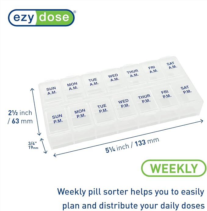 Ezy Dose Weekly 7-Day AM/PM Pill Organizer, Vitamin Case and Medicine Box, Medium Compartments for Twice-Daily Dosing, Natural Color Design, Easy-Open Lids, Portable and Perfect for Home or Travel Use