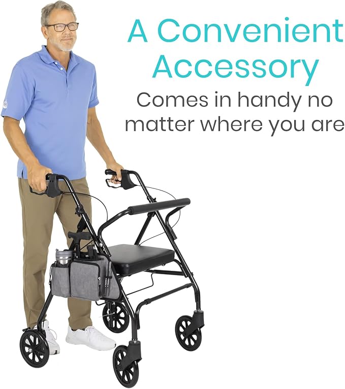 Vive Side Bag for Rollators, Wheelchairs, Walkers - Tote Organizer with Phone Pocket - Storage Travel Pouch - Small Hanging Stroller Accessories for Women, Men, Seniors - Non Slip Cup Holder