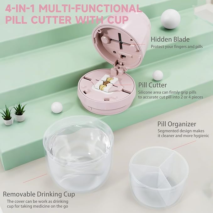 Pill Cutter with Water Cup, 1/4 Pill Splitter for Small and Large Pills Precision Quarter Cutter Splitter with Dispenser, 3-Compartment Storage | Stainless Steel Blade (Pink)
