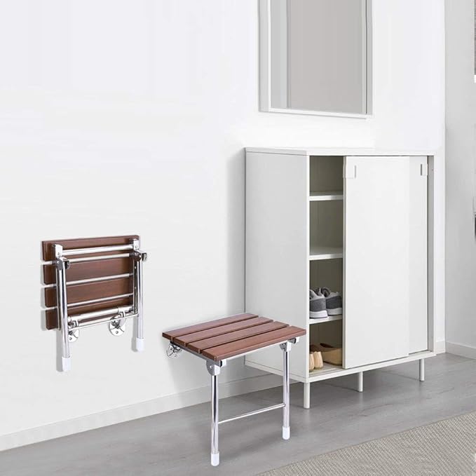 Folding Shower Seat Wall Mounted Bathroom Bathtub Safety Stool Chair, Solid Wood, with Support Legs, Load of 350 lbs, 14.88"(L)*12"(W)*17.12"(H) (Wood)