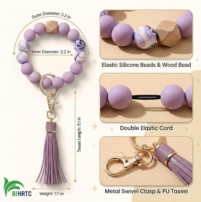 BIHRTC Key Ring Bracelet Car Keychain Holder Wristlet Silicone Women Beaded Bangle Chains