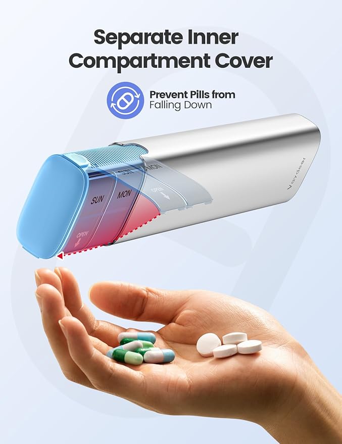 VAYDEER Metal Weekly Pill Organizer – Moisture-Proof Travel Pill Organizer with Built-in Desiccant Chamber and Airtight Lids – Large-Capacity Pill Box for Vitamins, Medicines & Supplements (Blue)