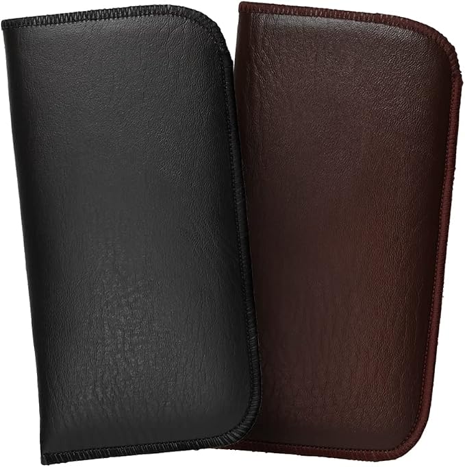 Calabria Slim Faux Leather Eyeglass Case Soft Slip-In Design [Black & Brown without Clip - 2 Pack] | Compact Protective Pouch | Soft Case for Glasses | Lightweight Sunglass Storage