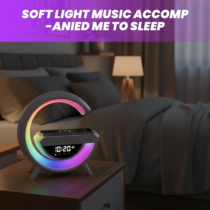 Saker G-Shaped LED Wireless Charging Bluetooth Speaker, 3-in-1 LED Digital Alarm Clock Radio with 13 RGB Lights & Noise, 360° Surround Sound Nightstand Clock with FM Radio for Bedroom Office (White*2)