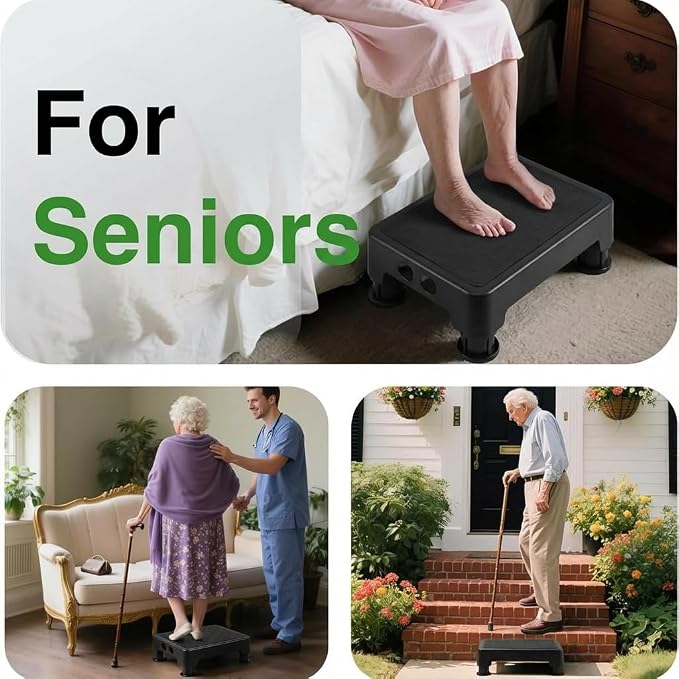 COOL-ANGLE Adjustable Step Stool for High Beds & SUV - Non-Slip Mobility Platform for Seniors, 650lbs Capacity, 3 Heights (3.4"-5.4"), Wide Safety Base for Car & Bath, 16.5"x12.6", Black