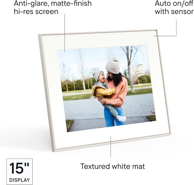 Aura 15" HD WiFi Digital Picture Frame – Free Unlimited Cloud Storage – Send Photos from Phone – No Subscription – Auto On/Off – Gift for Parents & Grandparents (Cool White Mat, 15")