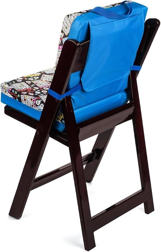 Classic Bingo Pattern Seat Cushion – Extra Thick 3” Bingo Pillow with Strap, Storage Pouch & Handles – Comfortable Folding Chair Cushion for Bingo Nights (Blue)