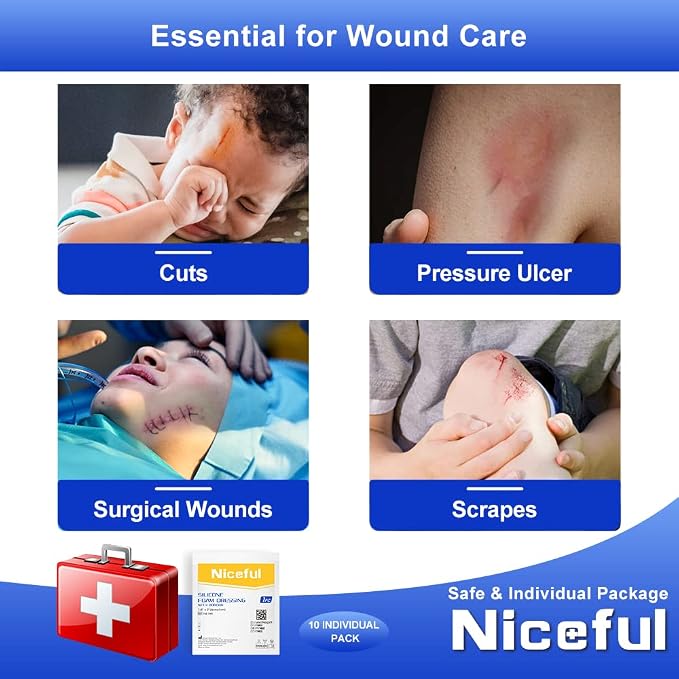 Niceful 10 Count Silicone Foam Dressing 1.6" x 2", Wound Dressing for Minor Surgical Incisions, Abrasions, Absorbent Silicone Bandages for Sensitive Skin, Small Bed Sore Bandages