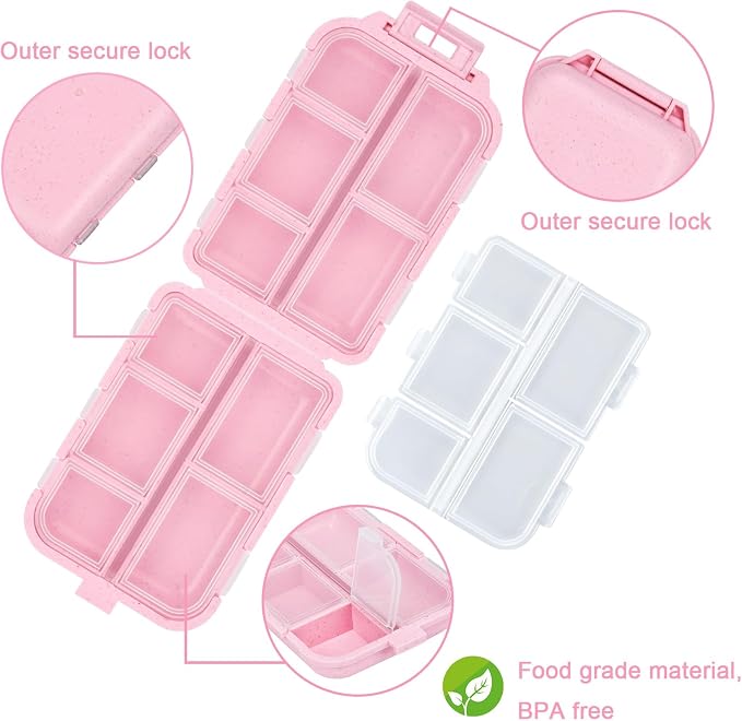 Compact Travel Pill Organizer with 189 Medicine Labels, 10 Compartments Portable Small Pill Case Daily Medicine Storage Container for Purse, Car, Airplane and Vacation Travel 3 Pack