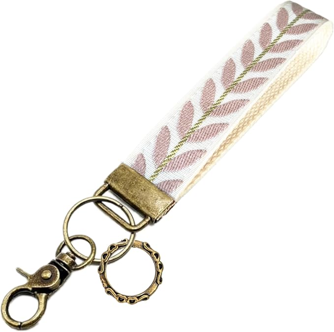 Boho Vintage Embroidered Floral plant Wristlet Keychain for Women | Cute Lanyard&Antique Brass Clasp, Lightweight Hands-Free Key Holder for keys,purses,handbags and daily outdoor use for ladies