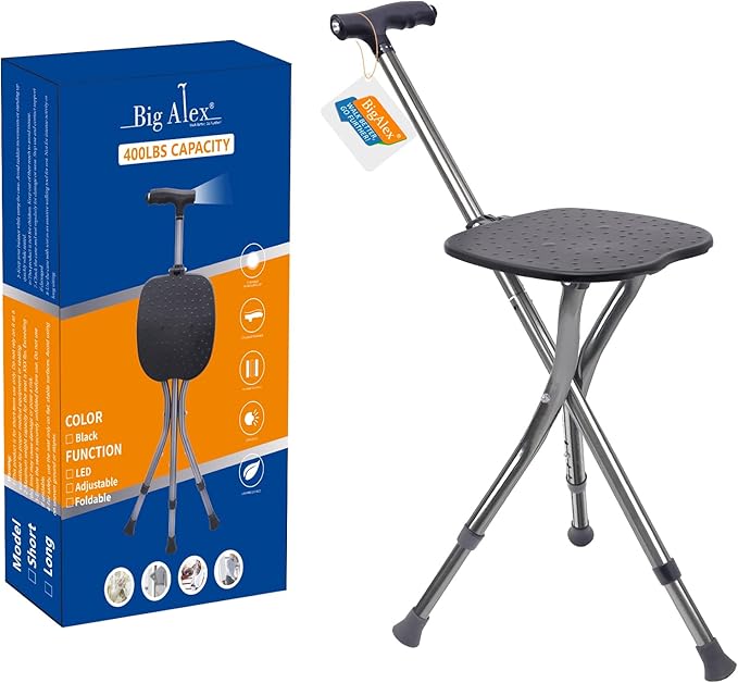 BigAlex Alloy Folding Cane with Seat, Lightweight Adjustable Walking Cane with Seat, Cane Seat with LED for Seniors, Cane Chair for Woman/Man,Anti-Slip Walking Stick for Seniors