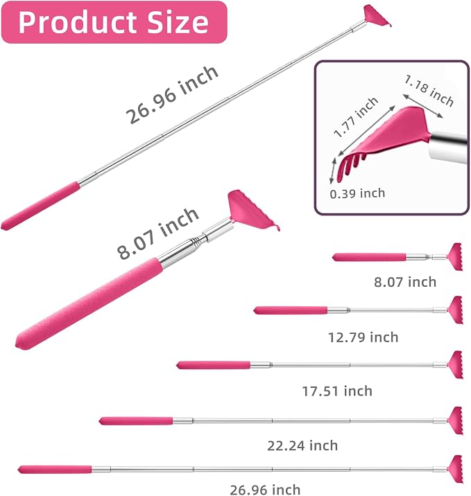 2 Pack Extendable Back Scratcher, Stainless Steel Telescoping, Pink Red | Portable Extendable Back Scratcher, Stainless Steel Telescoping Back Scratcher with Beautiful Present Packaging