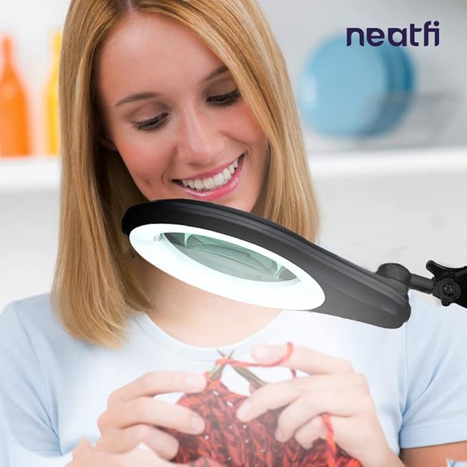Neatfi (New Model) Bifocals 1,200 Lumens Super LED Magnifying Lamp with Clamp, Dimmable, 60 Pcs SMD LED, 5 Inches Diameter Lens, Adjustable Arm (5 Diopter + 20 Diopter, Black)