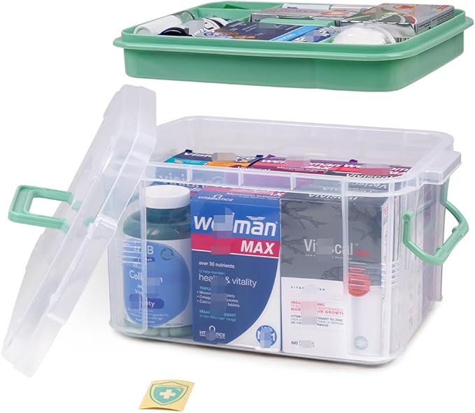 DOUKE 15qt Clear Medicine Organizer Storage Box with Handle, Plastic Empty First Aid Box with Tray, Multipurpose Medical Storage Container, Medication Organizer Chest for Home, Baby, Elderly, Dorm