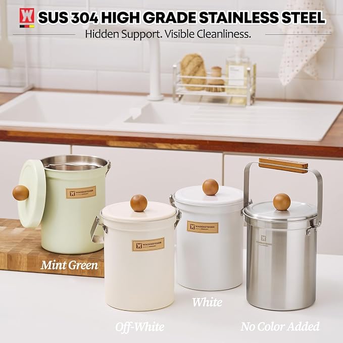 WAGENSTEIGER Kitchen Countertop Compost Bin 101ounces / 3Liters, Airtight Lid SUS304 Stainless Steel Odor-Free Food Waste Bin with Wooden Handle Stylish Design/Bathroom Trash Can (White)