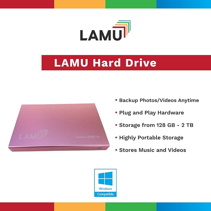 LAMU Portable Digital Photo Organizer - Digital Picture Manager for Windows - Software to Easily Organize Your Photos and Videos - Digital Photo Storage - 2 Terabytes (Rose Gold)