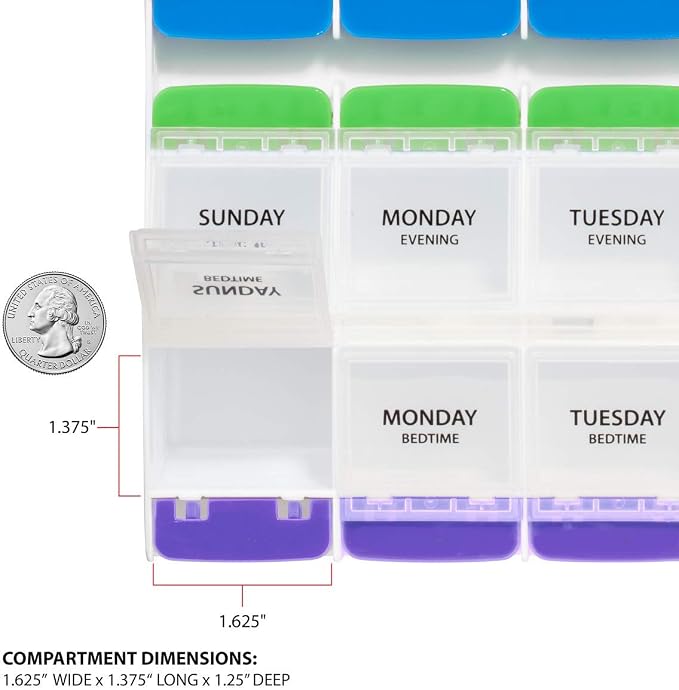Ezy Dose Weekly (7-Day) Pill Case, Medicine Planner, Vitamin Organizer Box, 3X-Large Push Button Compartments, 4 Times a Day, Clear Lids, BPA Free
