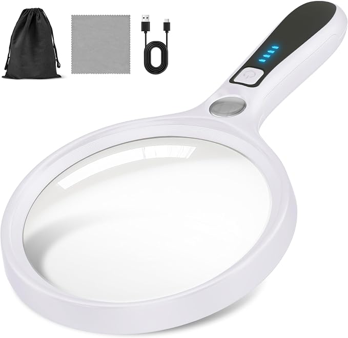 Large Magnifying Glass with Light: 10X 30X 5IN Lighted Handheld Magnifier with 13 LED Lights 3 Modes, 1150mAh Rechargeable Magnifying Lens Gift for Seniors Reading Coins Close Work-White+Black
