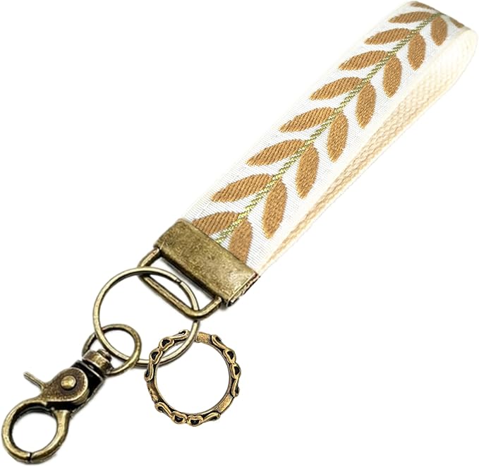 Boho Vintage Embroidered Floral plant Wristlet Keychain for Women | Cute Lanyard&Antique Brass Clasp, Lightweight Hands-Free Key Holder for keys,purses,handbags and daily outdoor use for ladies