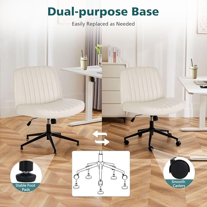 Criss Cross Chair with Wheels, Ergonomic Armless Swivel Comfy Vanity Seat, Wide Back Support and Adjustable Height for Home Office Bedroom Computer Gaming Makeup, Beige Leather