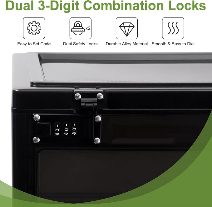 Medicine Lock Box Large for Refrigerator, Locked Storage Bin with 2 Combination Locks, Clear Locking Box for Safe Medication, Food, Snacks & Phone, for Home & Office Organizer 24L (Black)