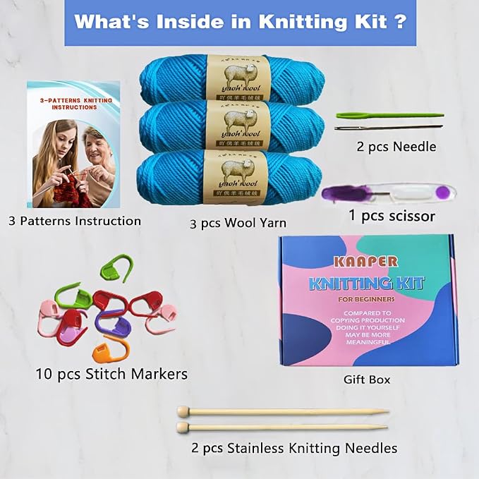Kaaper Knitting Kit for Beginners Adults - All-in-One Hat, Scarf & Glove Set with Blue Wool Yarn, Bamboo Needles，Learn to Knit a Complete Winter Accessory Collection (Acid Blue)