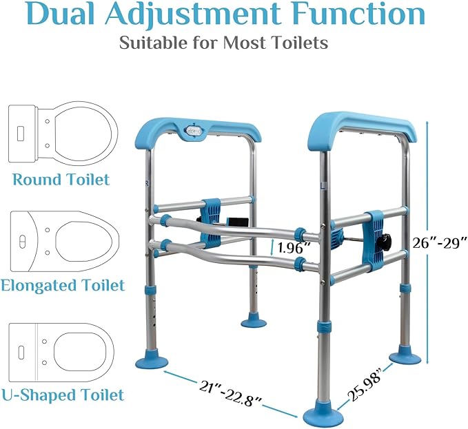 Heavy Duty Aluminum Toilet Safety Rails for Seniors,Adjustable LED Toilet Safety Frame for Elderly,Adjustable Height & Width Safety Rails Support for Most Toilets,Stand Up Assist,665lbs
